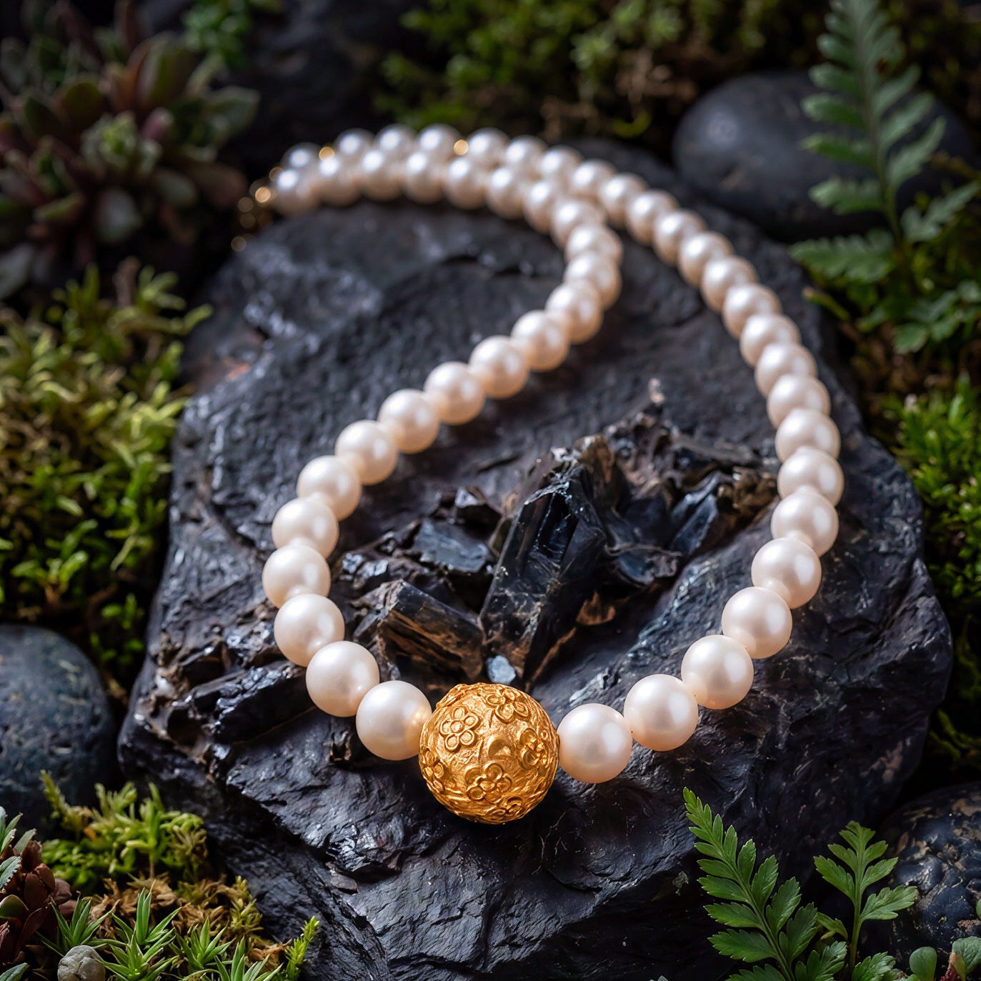 First Light pearl-look necklace with sculptural gold floral centrepiece